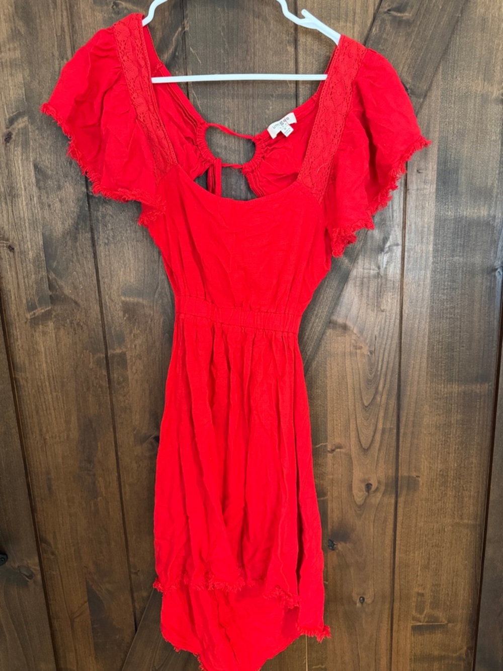Red Flutter-Sleeve Cotton Dress